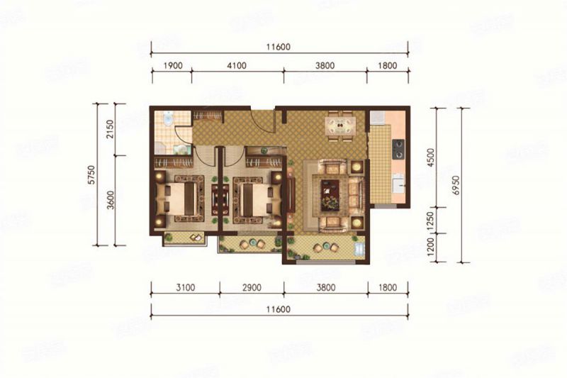 包頭裝修方案中環(huán)悅府D戶型2室2廳1衛(wèi)85m2