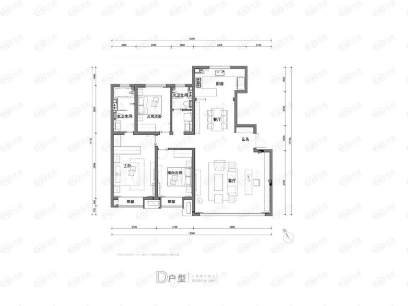 包頭裝修方案萬科中央公園三室兩廳兩衛(wèi)148平方米